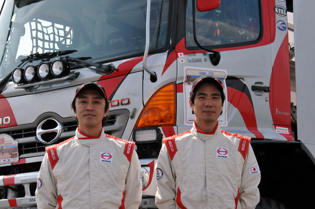 Driver Teruhito Sugawara (left) and navigator Hiroyuki Sugiura (right) are ready for the shakedown.