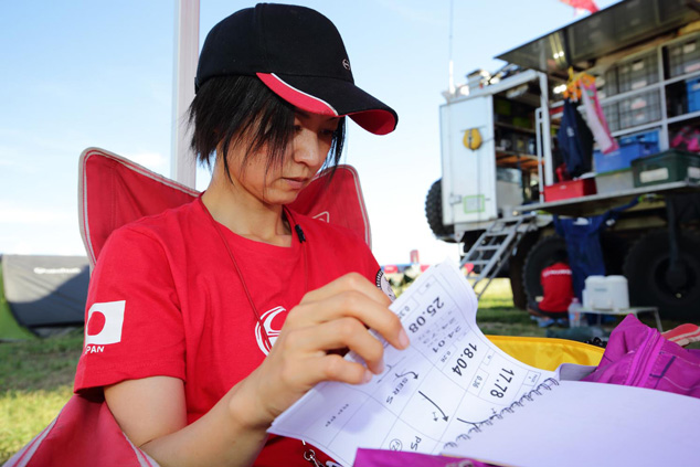 Navigator Yoko Wakabayashi goes over her road book.