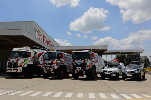 HINO TEAM SUGAWARA vehicles lined up at Toyota Argentina's Zárate Factory