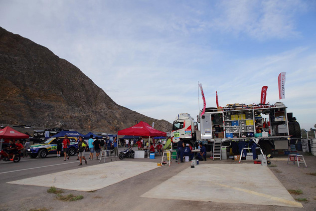 The Hino team bivouac stands by for its HINO500 Series trucks.