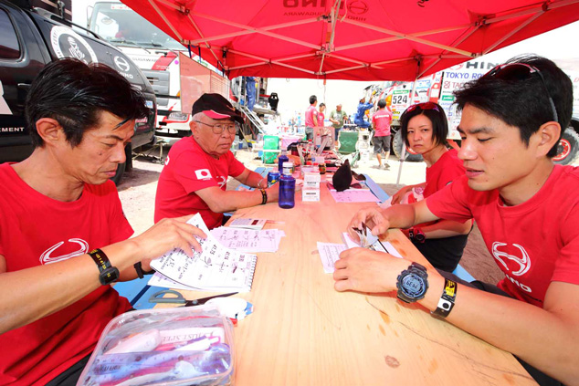 Navigators Katsumi Hamura and Hiroyuki Sugiura study their road books at the bivouac.