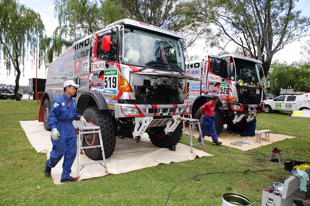 HINO500 Series trucks being serviced in preparation for tomorrow's SS.