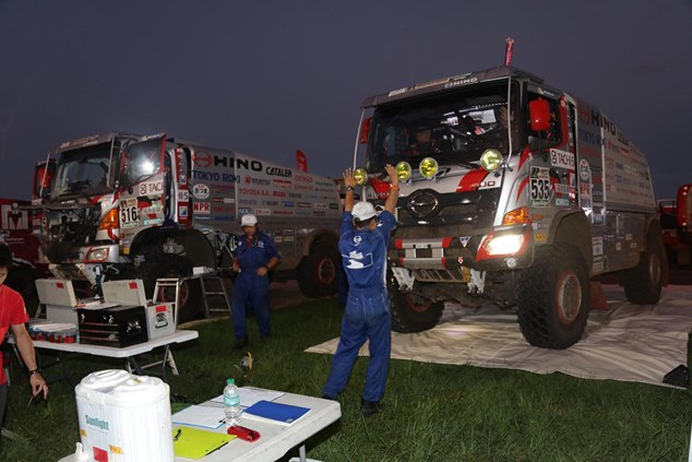 HINO500 Series trucks seen here parked side by side after arriving at the bivouac in Resistencia.